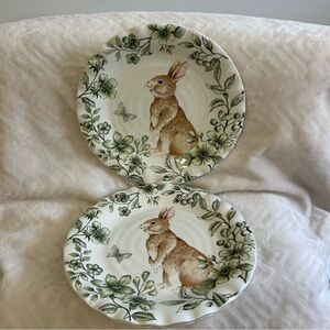 Maxcera Easter Bunny Brown Green Toile Dinner Plates  Set of 4 - NEW